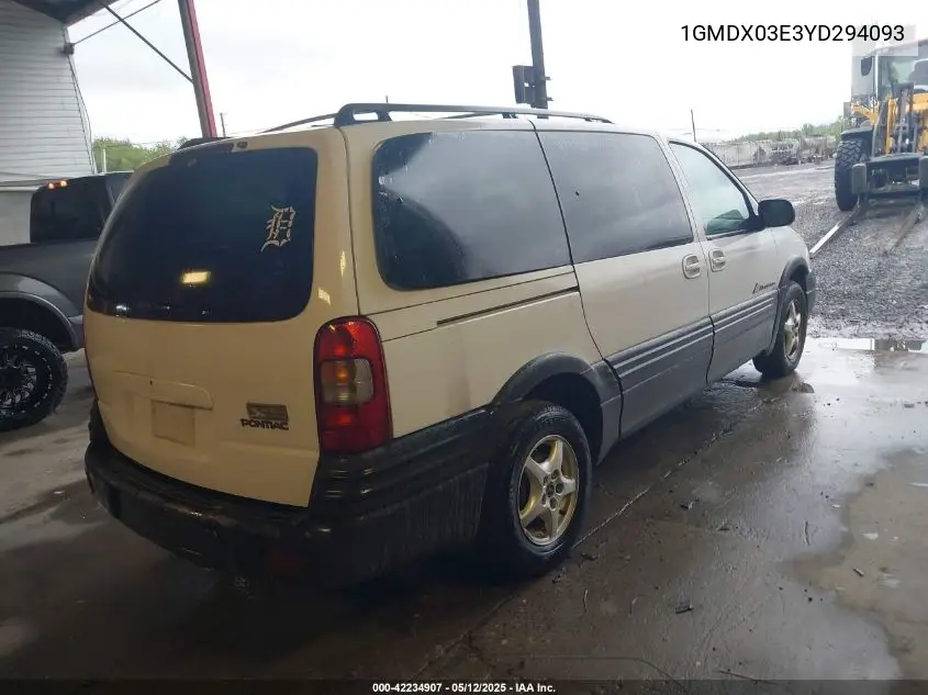 2000 Pontiac Montana VIN: 1GMDX03E3YD294093 Lot: 42234907