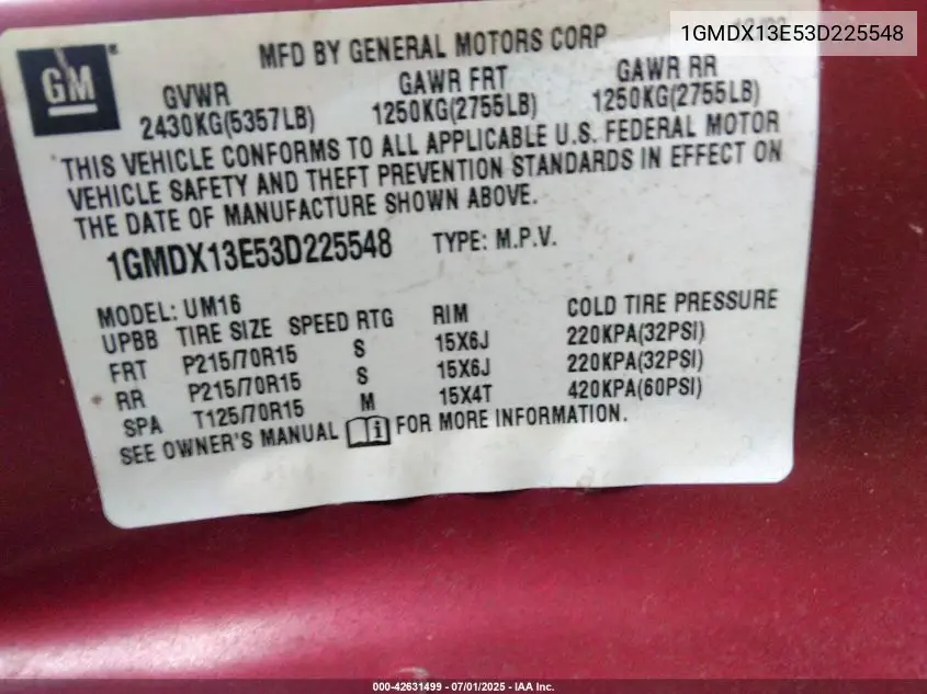 2003 Pontiac Montana M16 W/1Se Pkg. VIN: 1GMDX13E53D225548 Lot: 42631499
