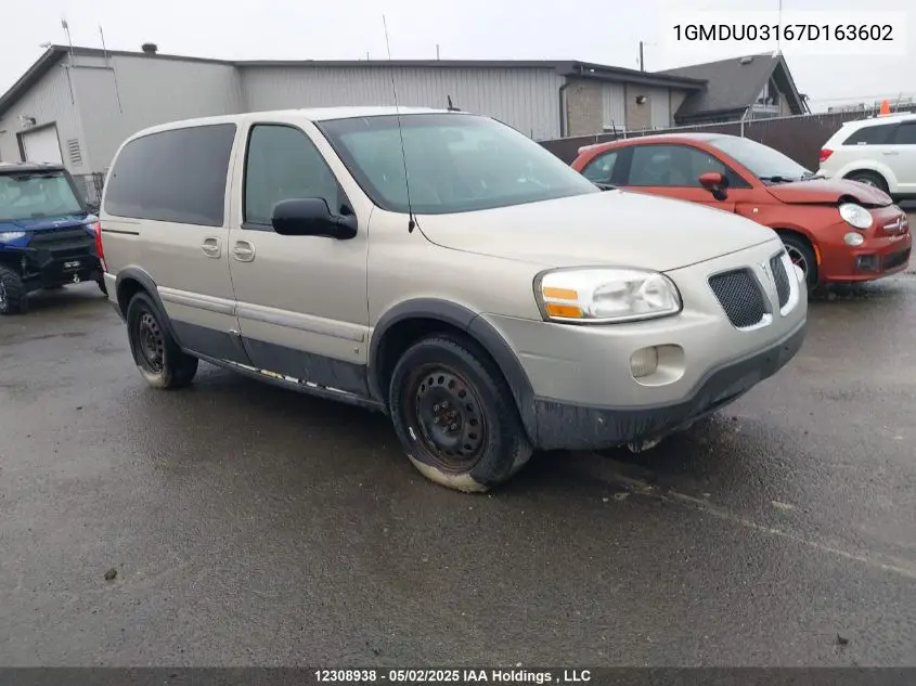 2007 Pontiac Montana Sv6 Sv6 VIN: 1GMDU03167D163602 Lot: 12308938X