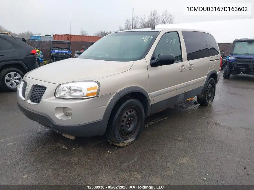 2007 Pontiac Montana Sv6 Sv6 VIN: 1GMDU03167D163602 Lot: 12308938X