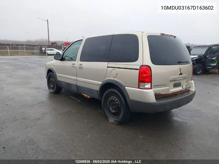 2007 Pontiac Montana Sv6 Sv6 VIN: 1GMDU03167D163602 Lot: 12308938X