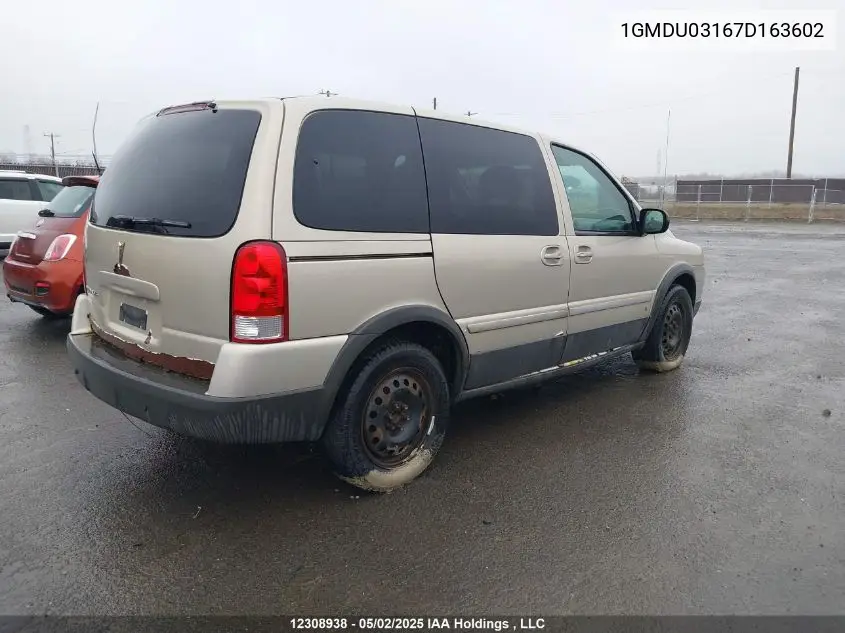 2007 Pontiac Montana Sv6 Sv6 VIN: 1GMDU03167D163602 Lot: 12308938X
