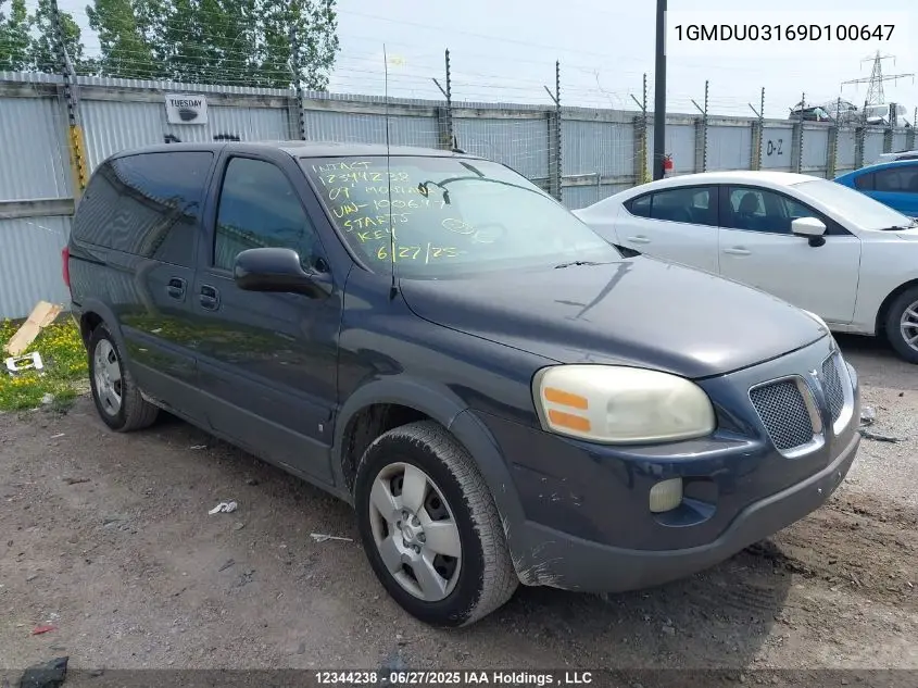 2009 Pontiac Montana Sv6 Sv6 VIN: 1GMDU03169D100647 Lot: 12344238