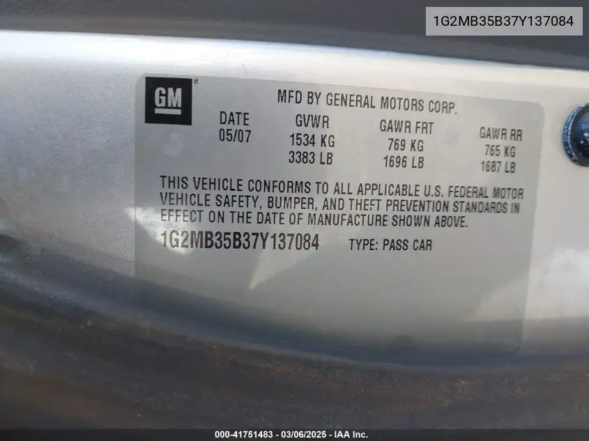 2007 Pontiac Solstice VIN: 1G2MB35B37Y137084 Lot: 41751483