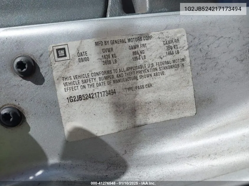 2001 Pontiac Sunfire Se VIN: 1G2JB524217173494 Lot: 41276548