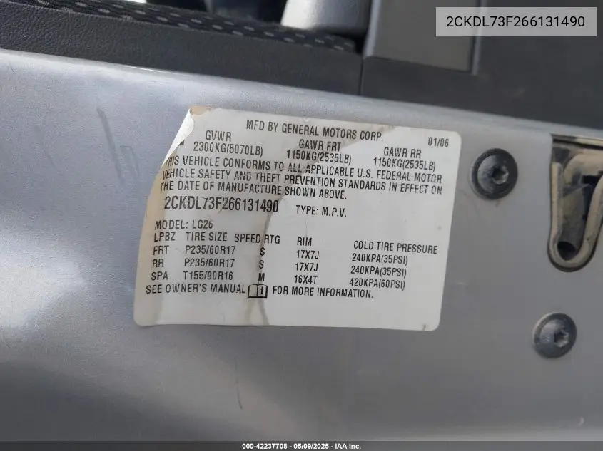 2006 Pontiac Torrent VIN: 2CKDL73F266131490 Lot: 42237708