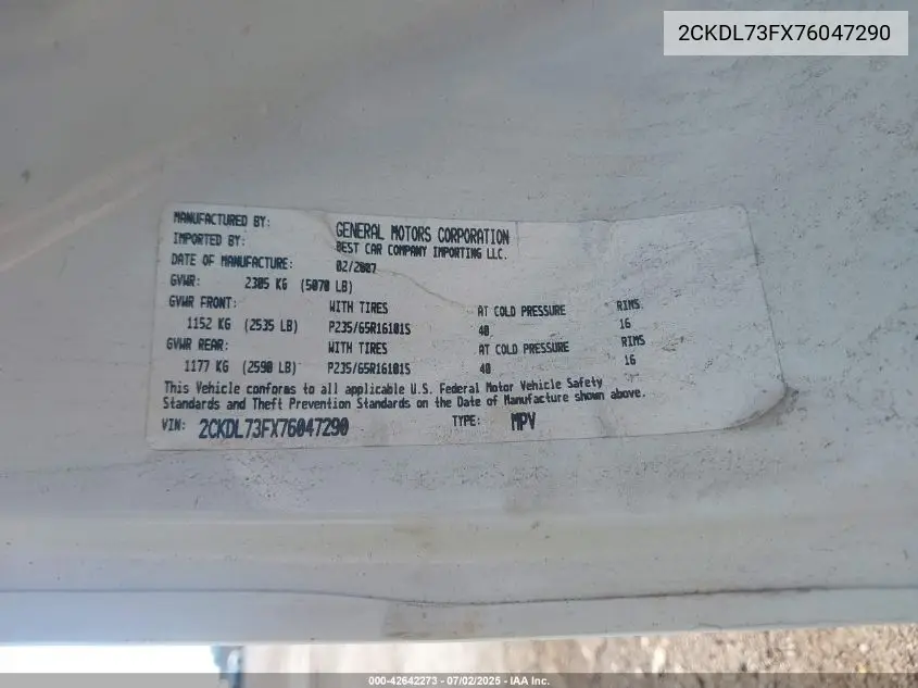 2007 Pontiac Torrent VIN: 2CKDL73FX76047290 Lot: 42642273
