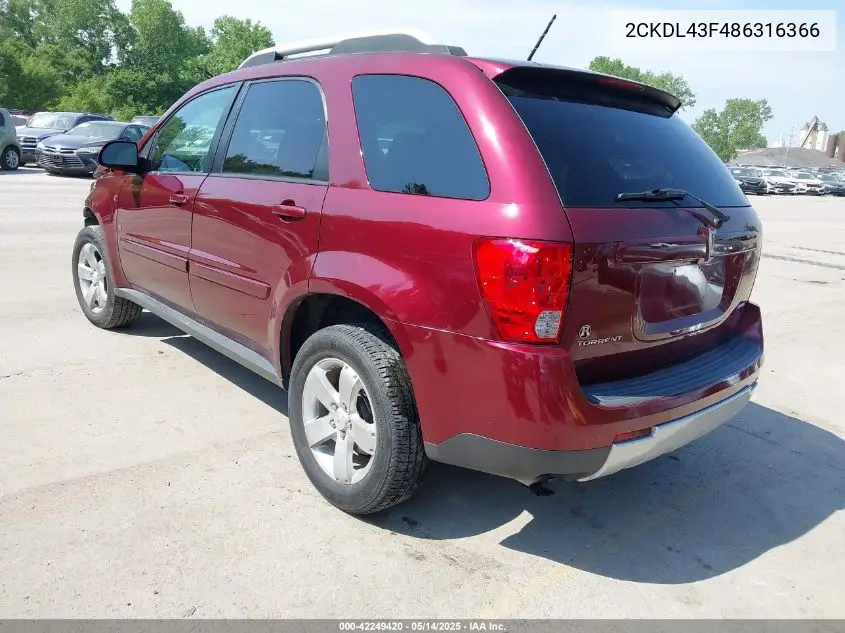 2008 Pontiac Torrent VIN: 2CKDL43F486316366 Lot: 42249420