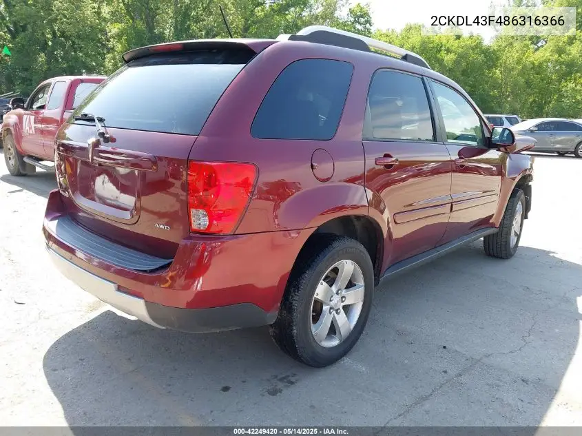 2008 Pontiac Torrent VIN: 2CKDL43F486316366 Lot: 42249420