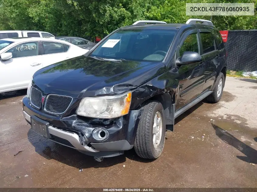 2008 Pontiac Torrent VIN: 2CKDL43F786060935 Lot: 42576489