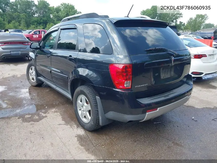 2008 Pontiac Torrent VIN: 2CKDL43F786060935 Lot: 42576489