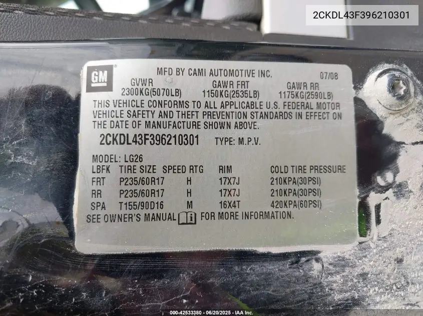 2009 Pontiac Torrent VIN: 2CKDL43F396210301 Lot: 42533380