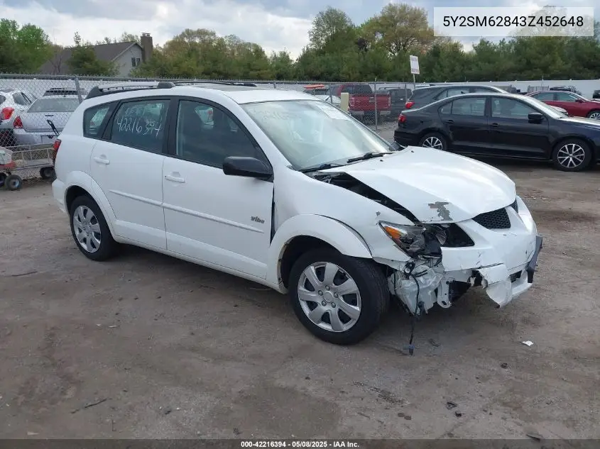 2003 Pontiac Vibe VIN: 5Y2SM62843Z452648 Lot: 42216394