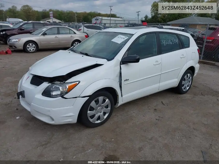 2003 Pontiac Vibe VIN: 5Y2SM62843Z452648 Lot: 42216394