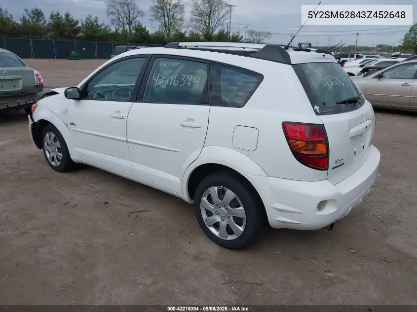 2003 Pontiac Vibe VIN: 5Y2SM62843Z452648 Lot: 42216394