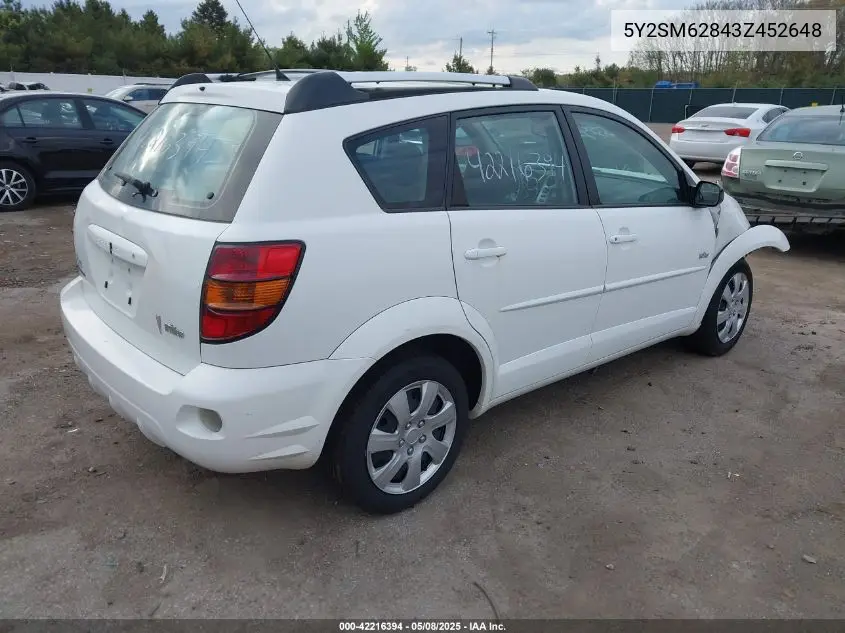2003 Pontiac Vibe VIN: 5Y2SM62843Z452648 Lot: 42216394