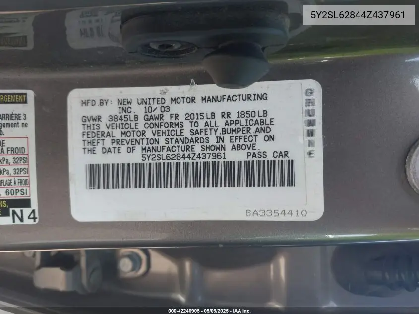 2004 Pontiac Vibe VIN: 5Y2SL62844Z437961 Lot: 42240905
