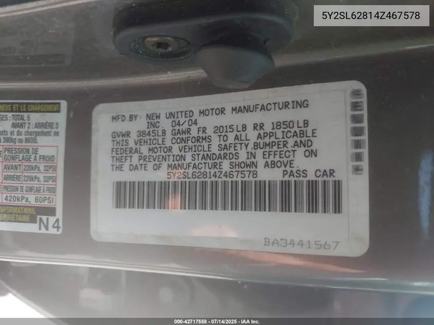 2004 Pontiac Vibe VIN: 5Y2SL62814Z467578 Lot: 42717558