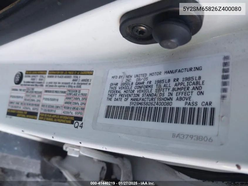 2006 Pontiac Vibe VIN: 5Y2SM65826Z400080 Lot: 41440219