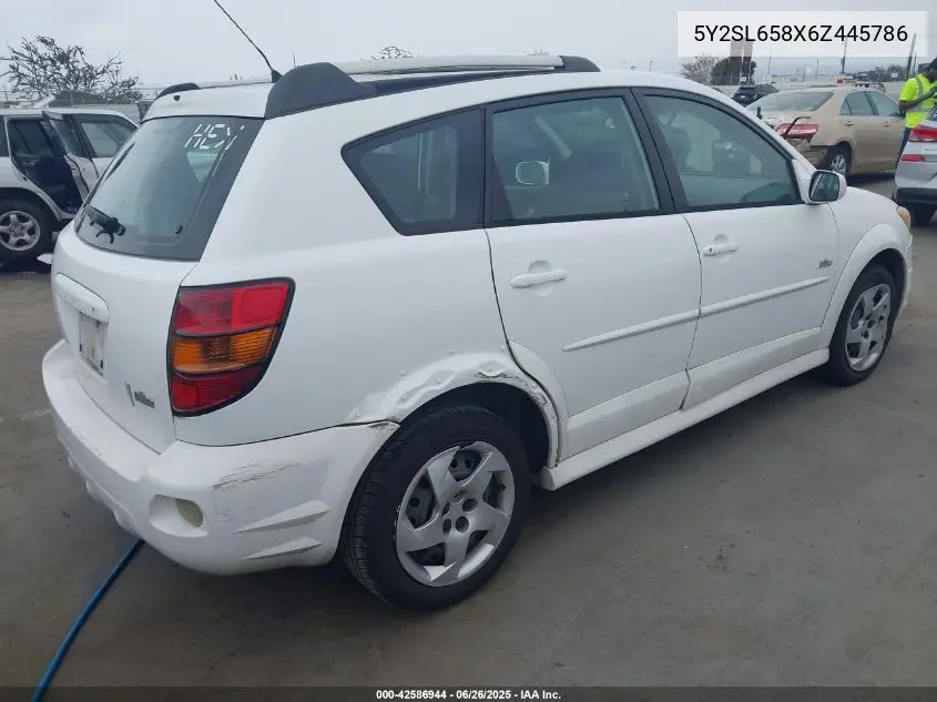 2006 Pontiac Vibe VIN: 5Y2SL658X6Z445786 Lot: 42586944