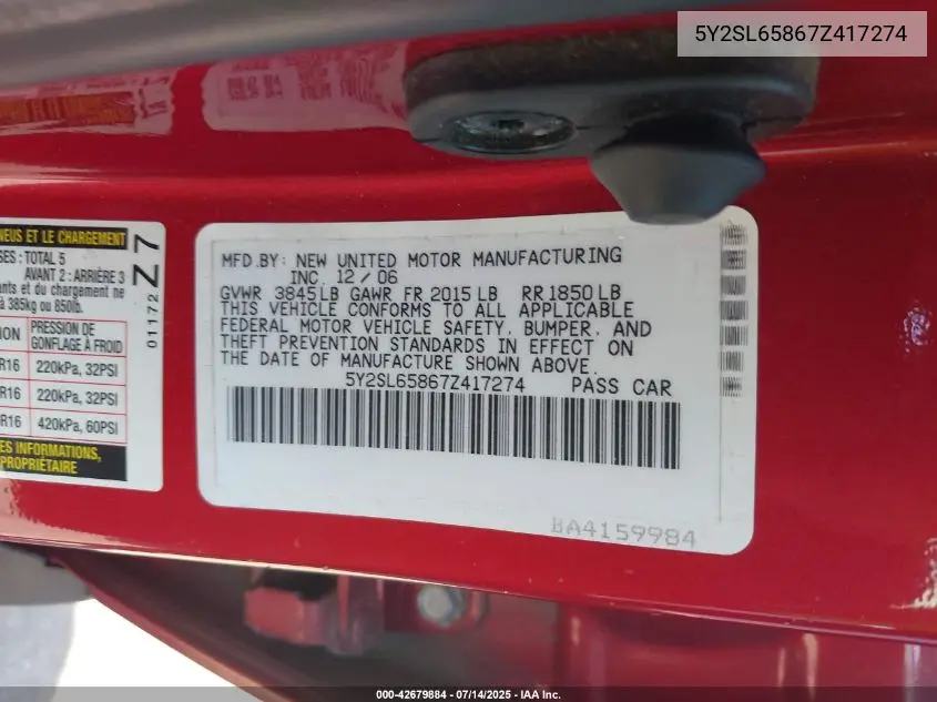 5y2sl65867z417274 5Y2SL65867Z417274 2007 Pontiac Vibe