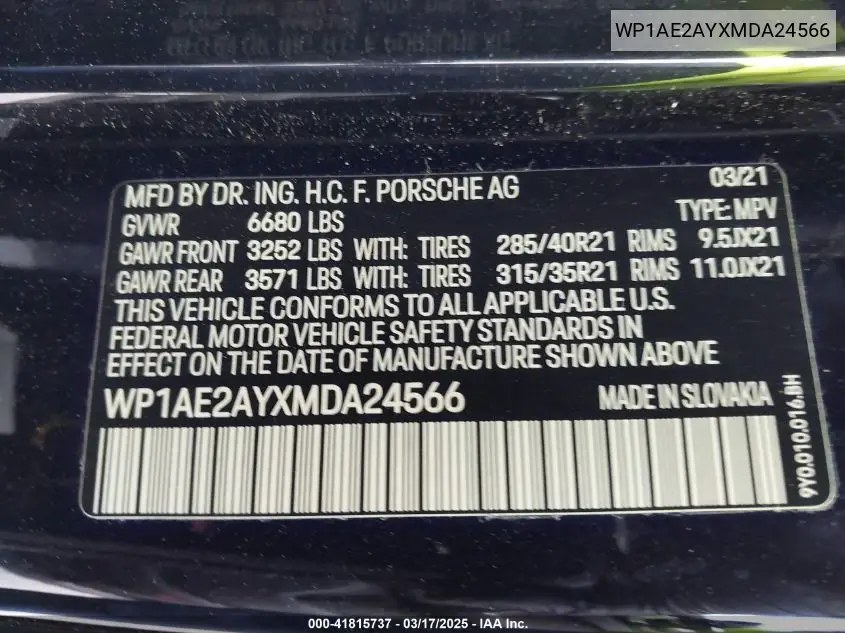 2021 Porsche Cayenne E-Hybrid VIN: WP1AE2AYXMDA24566 Lot: 41815737