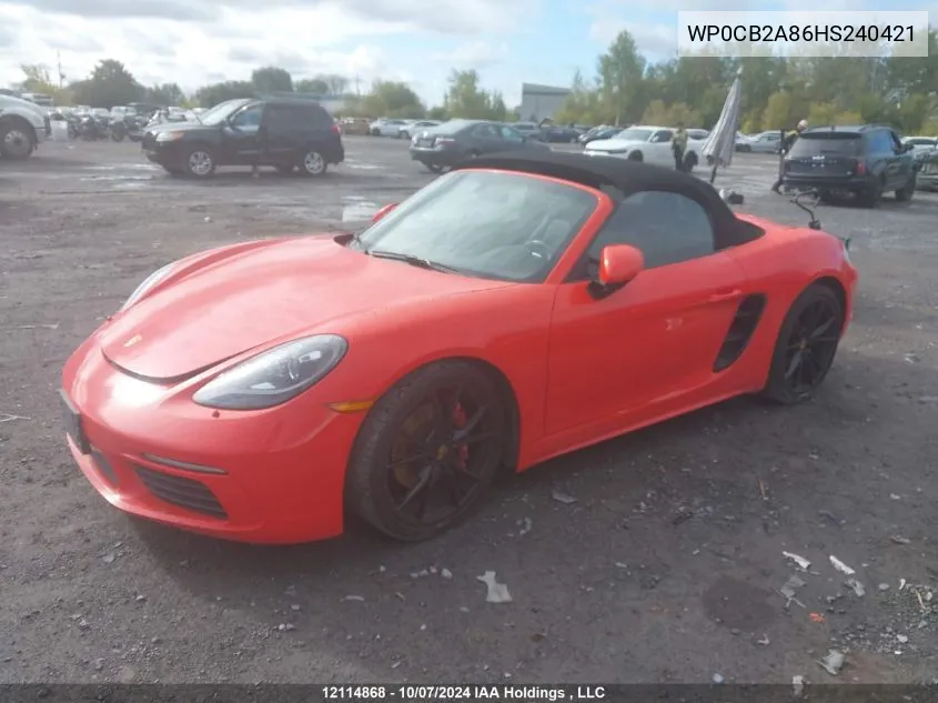 2017 Porsche 718 Boxster VIN: WP0CB2A86HS240421 Lot: 12114868