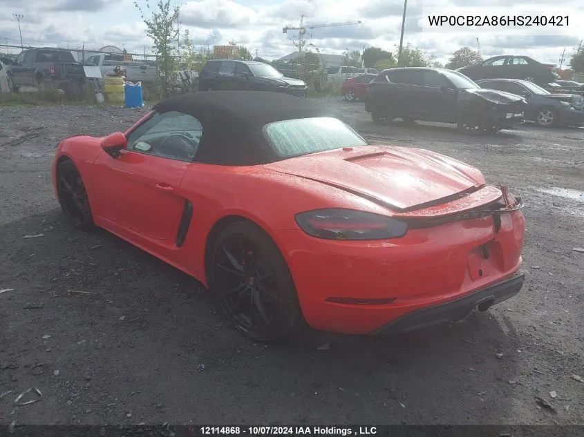 2017 Porsche 718 Boxster VIN: WP0CB2A86HS240421 Lot: 12114868