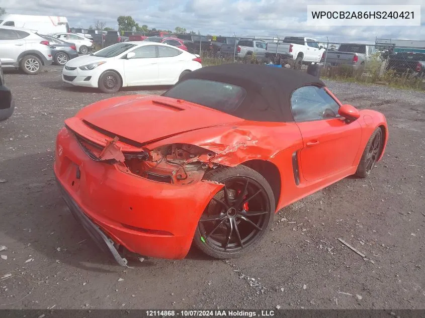 2017 Porsche 718 Boxster VIN: WP0CB2A86HS240421 Lot: 12114868