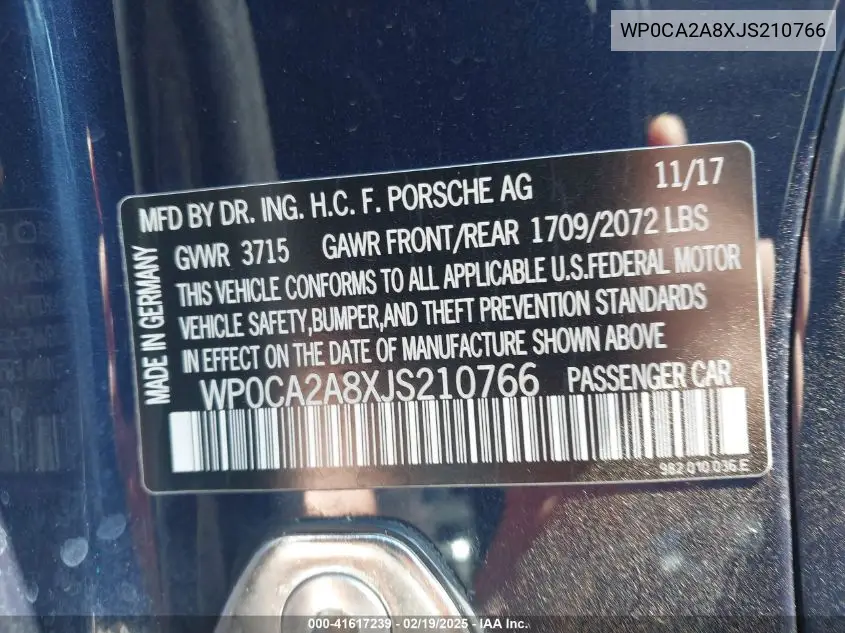 2018 Porsche 718 Boxster VIN: WP0CA2A8XJS210766 Lot: 41617239