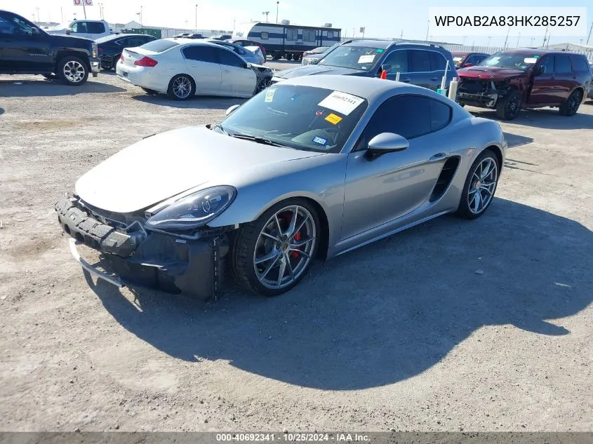 2017 Porsche 718 Cayman S VIN: WP0AB2A83HK285257 Lot: 40692341