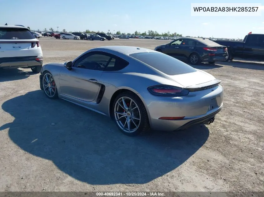2017 Porsche 718 Cayman S VIN: WP0AB2A83HK285257 Lot: 40692341