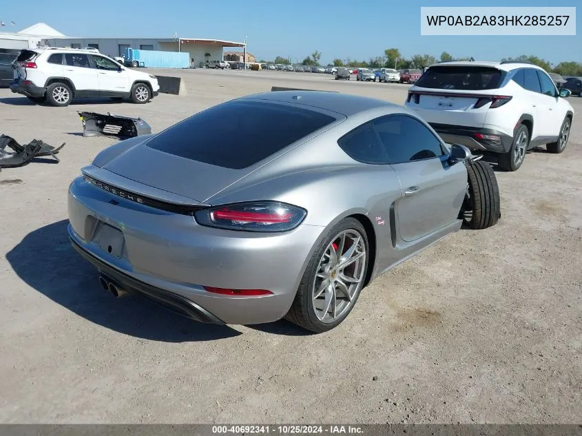 2017 Porsche 718 Cayman S VIN: WP0AB2A83HK285257 Lot: 40692341