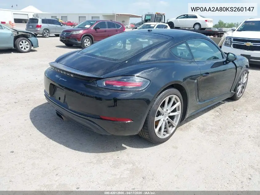 2019 Porsche 718 Cayman VIN: WP0AA2A80KS260147 Lot: 42012500