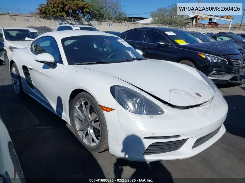 2021 Porsche 718 Cayman T VIN: WP0AA2A80MS260426 Lot: 41680025
