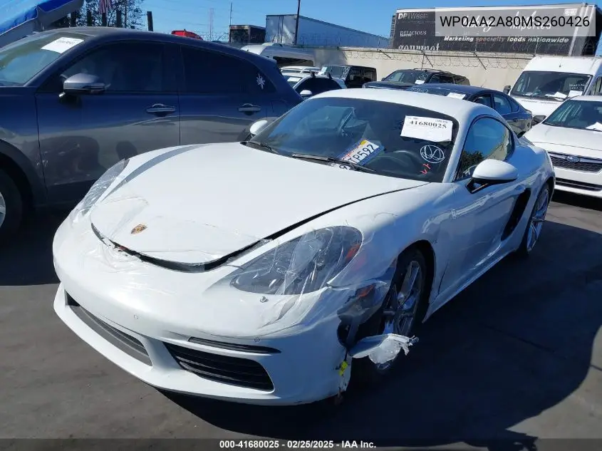 2021 Porsche 718 Cayman T VIN: WP0AA2A80MS260426 Lot: 41680025
