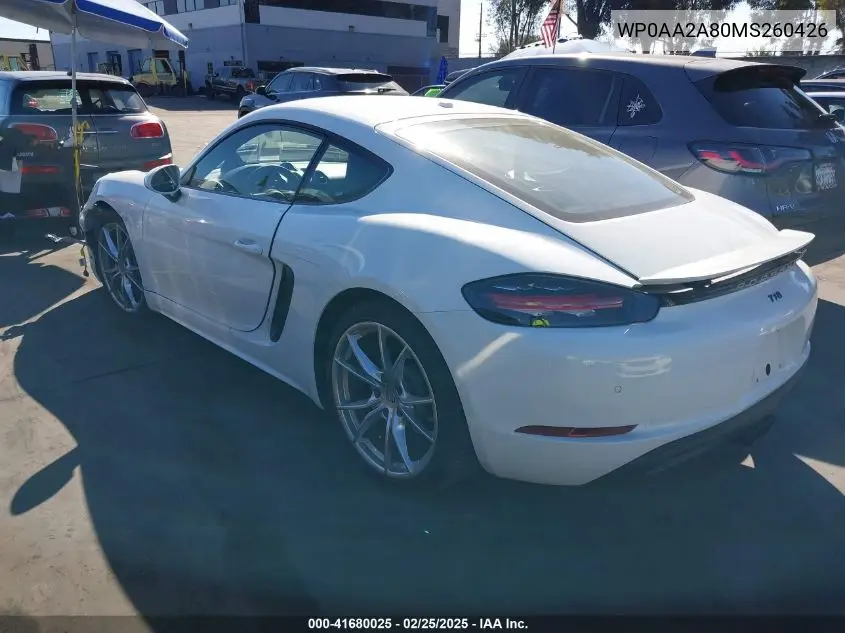 2021 Porsche 718 Cayman T VIN: WP0AA2A80MS260426 Lot: 41680025