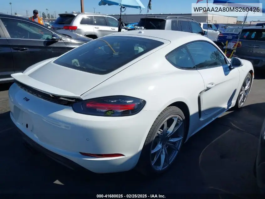 2021 Porsche 718 Cayman T VIN: WP0AA2A80MS260426 Lot: 41680025