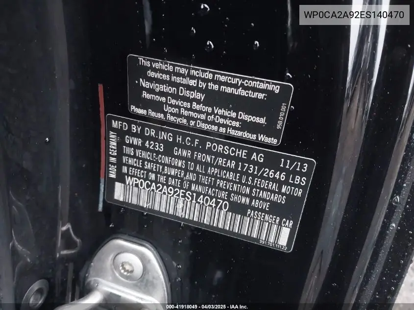 2014 Porsche 911 Carrera 4 VIN: WP0CA2A92ES140470 Lot: 41918049