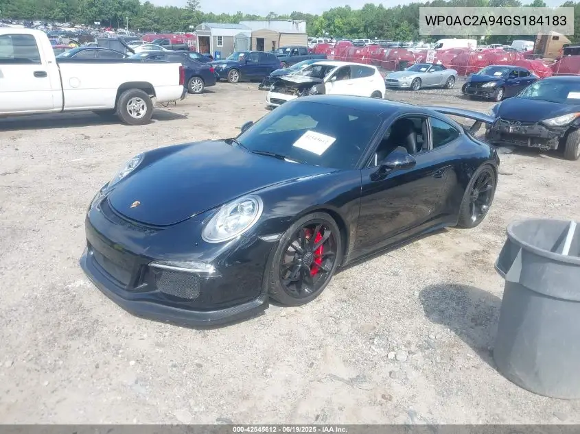 2016 Porsche 911 Gt3 VIN: WP0AC2A94GS184183 Lot: 42545612