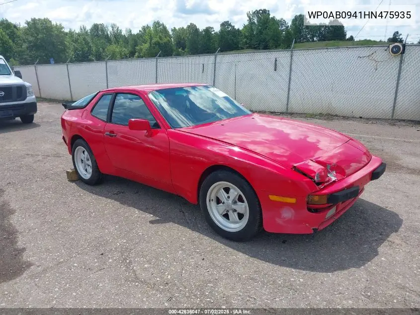 1987 Porsche 944 VIN: WP0AB0941HN475935 Lot: 42636047