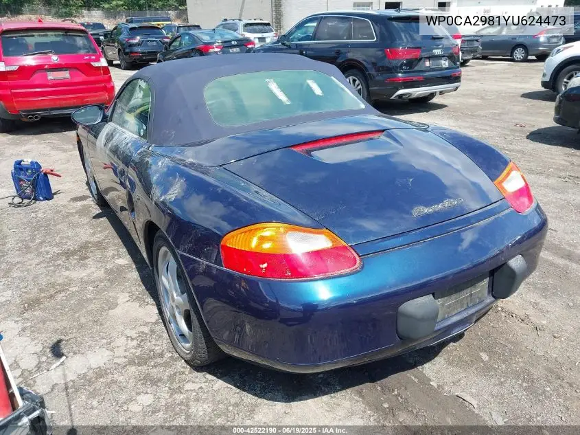 2000 Porsche Boxster Base (M5) VIN: WP0CA2981YU624473 Lot: 42522190