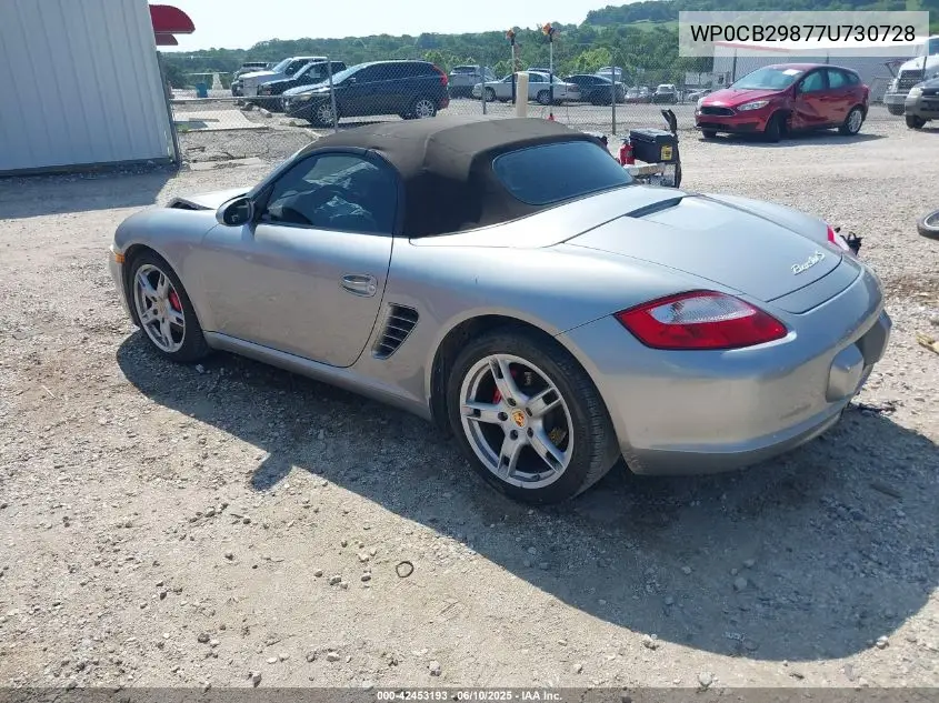 2007 Porsche Boxster S VIN: WP0CB29877U730728 Lot: 42453193