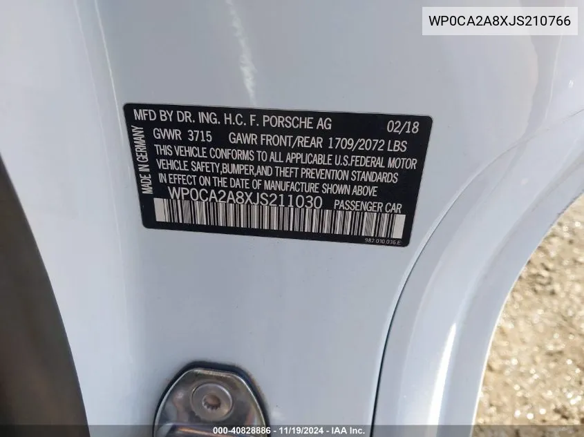 2018 Porsche Boxster VIN: WP0CA2A8XJS210766 Lot: 40828886