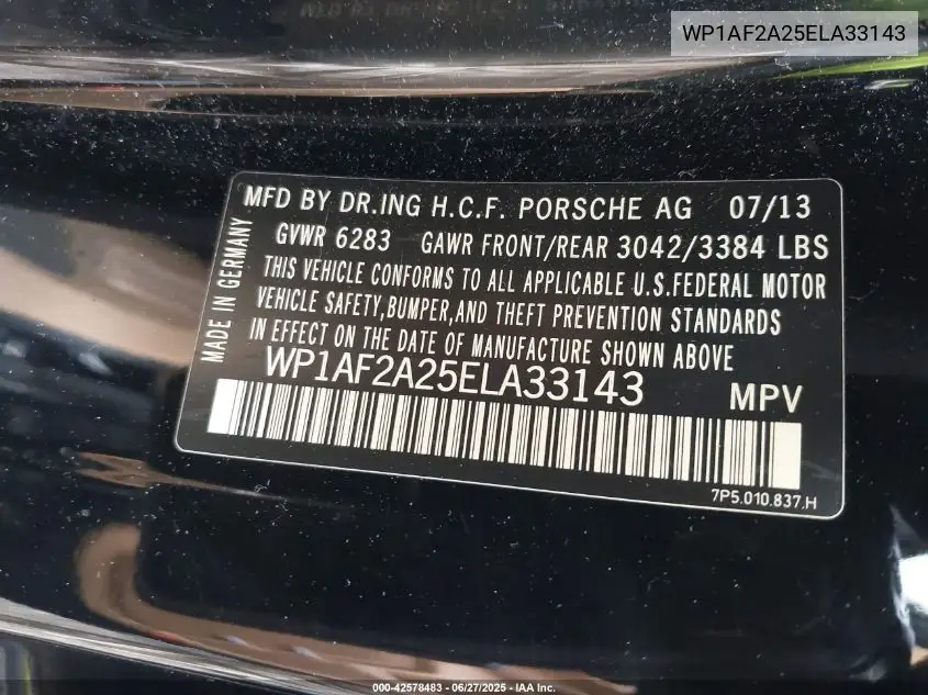 2014 Porsche Cayenne VIN: WP1AF2A25ELA33143 Lot: 42578483