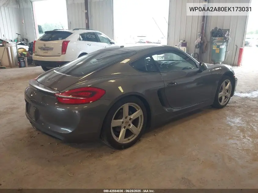 2014 Porsche Cayman VIN: WP0AA2A80EK173031 Lot: 42584036