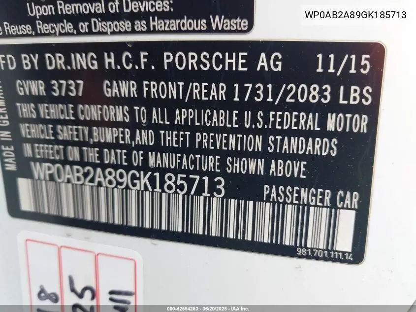 2016 Porsche Cayman Gts/S VIN: WP0AB2A89GK185713 Lot: 42554283