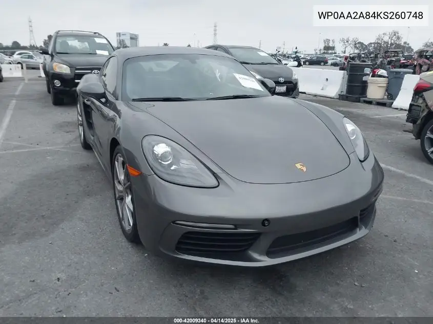 2019 Porsche 718 Cayman VIN: WP0AA2A84KS260748 Lot: 42009340