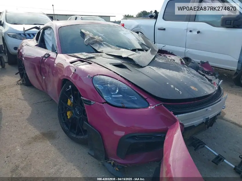 2024 Porsche Cayman Gt4 Rs VIN: WP0AE2A87RK274870 Lot: 42032935