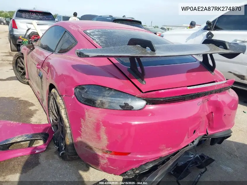 2024 Porsche Cayman Gt4 Rs VIN: WP0AE2A87RK274870 Lot: 42032935